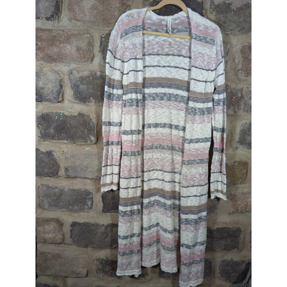 Aeropostale Duster Sweater Juniors XL Striped Lightweight Long Pink White‎ Gray - Picture 1 of 13